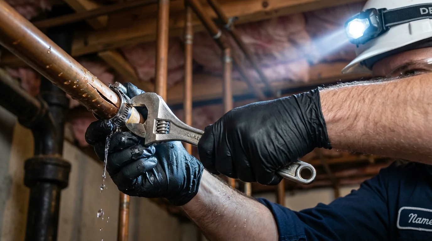 Emergency pipe clamp repair being performed by a Johns Plumbing LLC plumber in Bay Pines