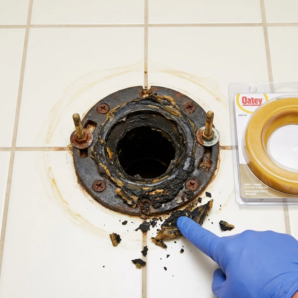 Failed wax ring showing water seepage at the base of a toilet in a Bay Pines, FL home